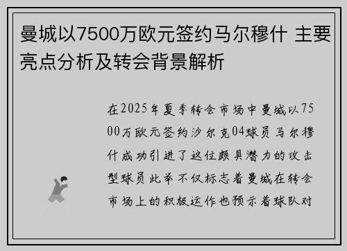 曼城以7500万欧元签约马尔穆什 主要亮点分析及转会背景解析
