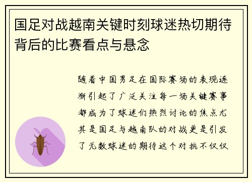 国足对战越南关键时刻球迷热切期待背后的比赛看点与悬念
