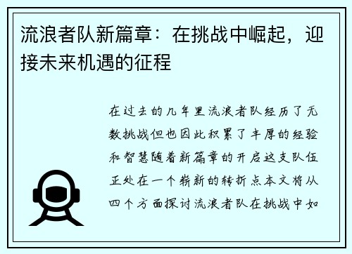 流浪者队新篇章:在挑战中崛起,迎接未来机遇的征程 流浪者队新篇章:在挑战中崛起,迎接未来机遇的征程